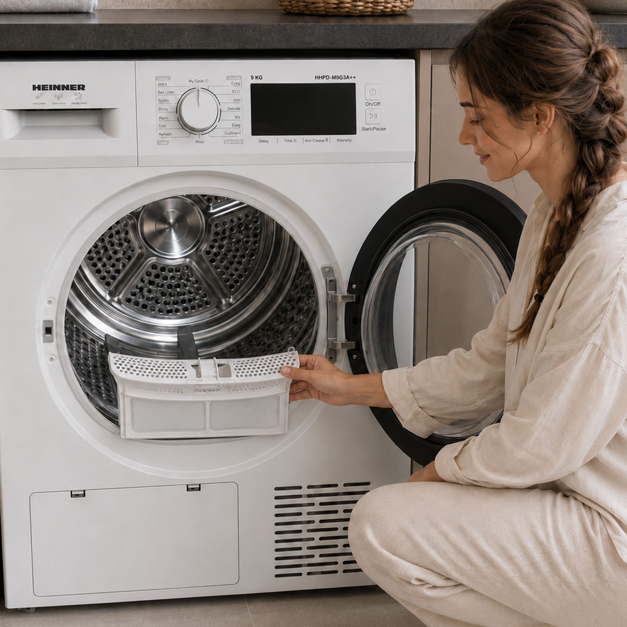Une femme à genoux retire le filtre à peluches d'un sèche-linge Heinner blanc à la porte ouverte.