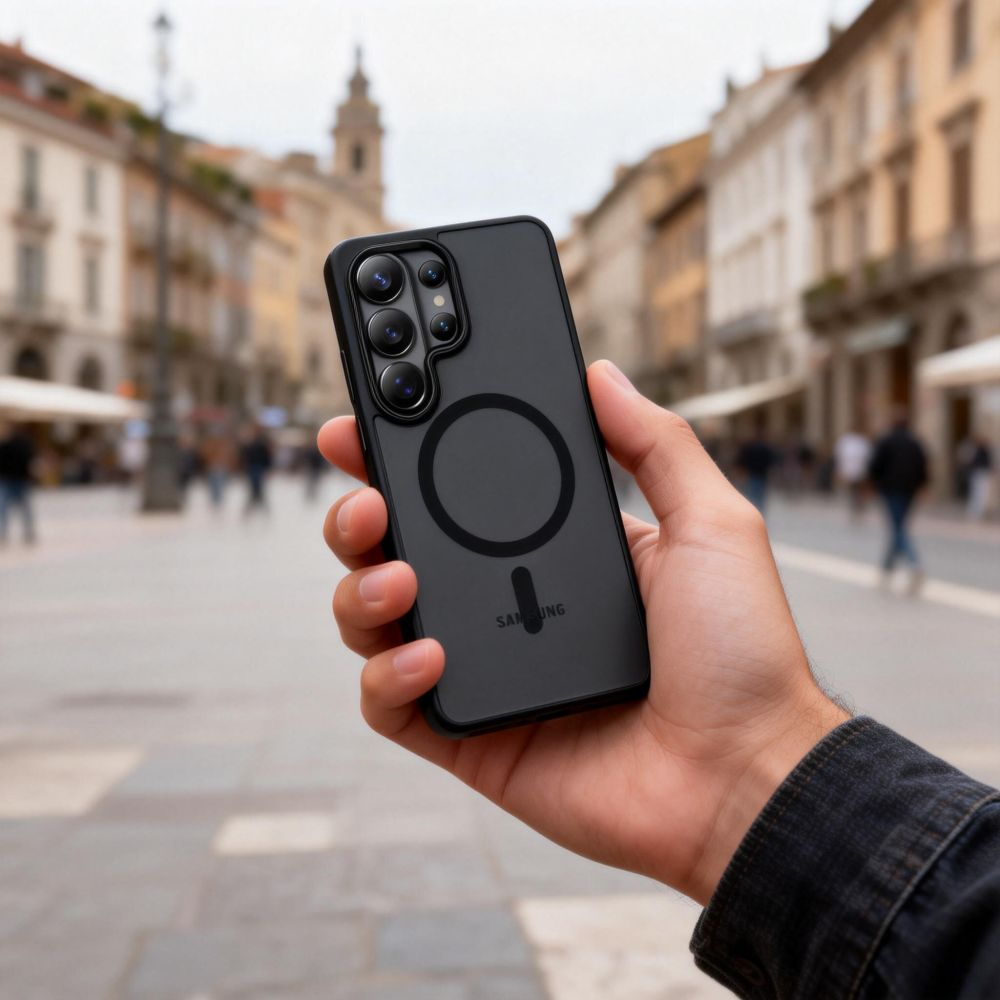 Eine Hand hält ein schwarzes Smartphone mit Hülle und kreisförmigem Ring vor einer verschwommenen Stadtstraße.