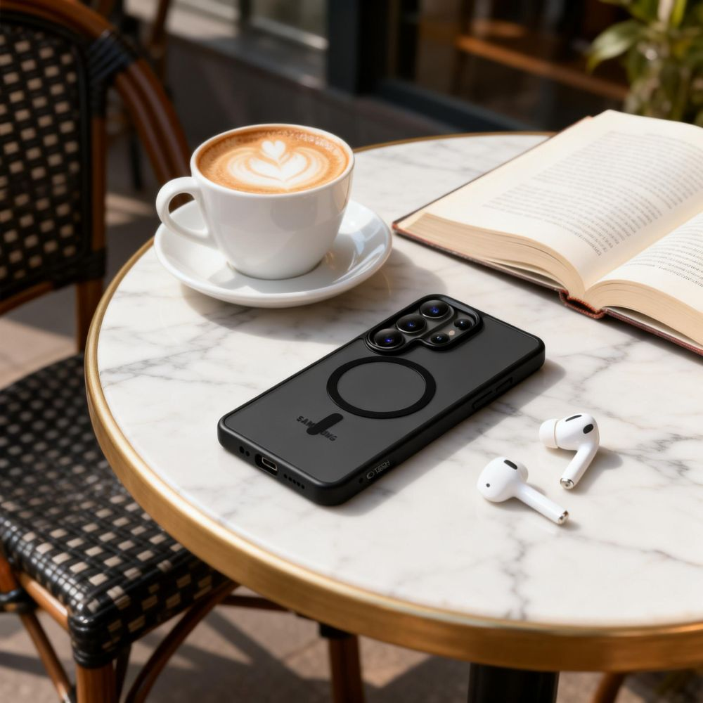 Ein schwarzes Smartphone, eine Kaffeetasse, Kopfhörer und ein offenes Buch auf einem runden Marmortisch.