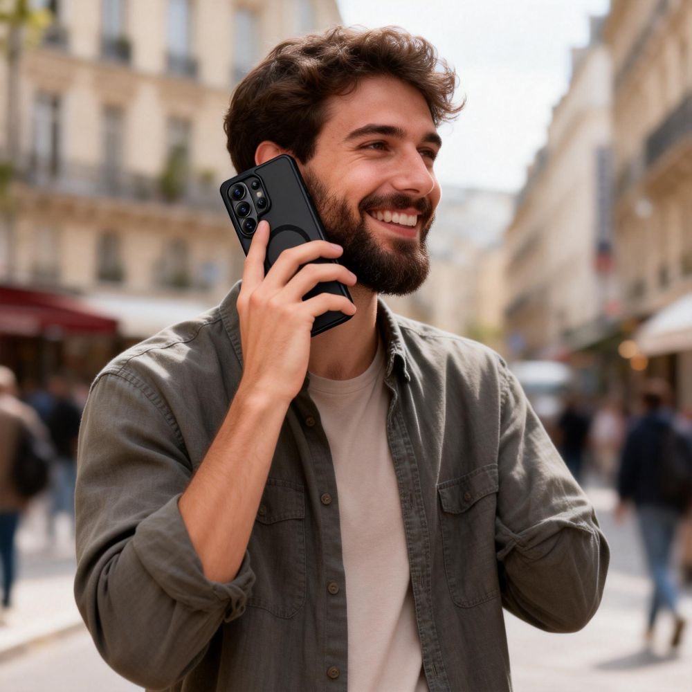 Ein lächelnder Mann mit Bart telefoniert im Freien auf einer Stadtstraße mit einem schwarzen Smartphone.