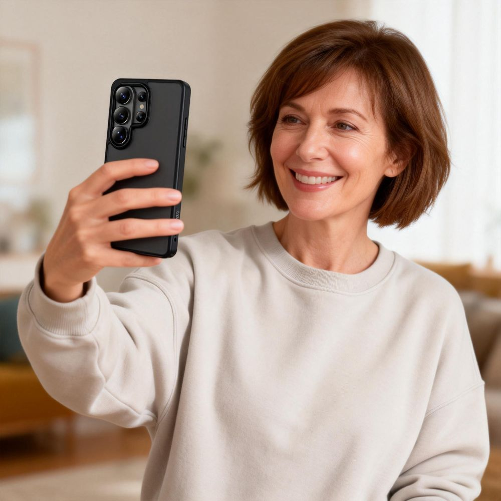 Eine lächelnde Frau mit braunen Haaren macht in einem hellen Raum ein Selfie mit einem Smartphone.
