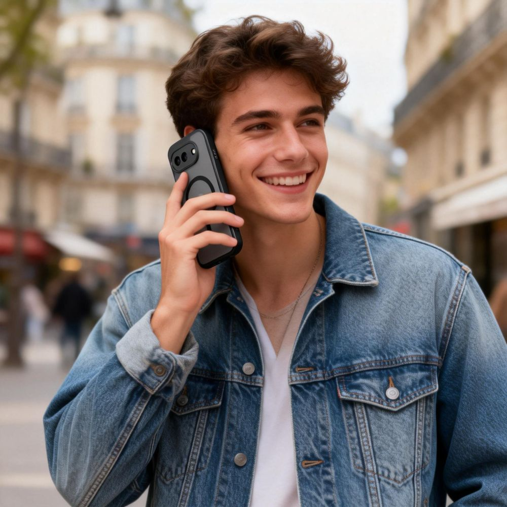 Ein lächelnder junger Mann in Jeansjacke telefoniert draußen auf einer Stadtstraße.