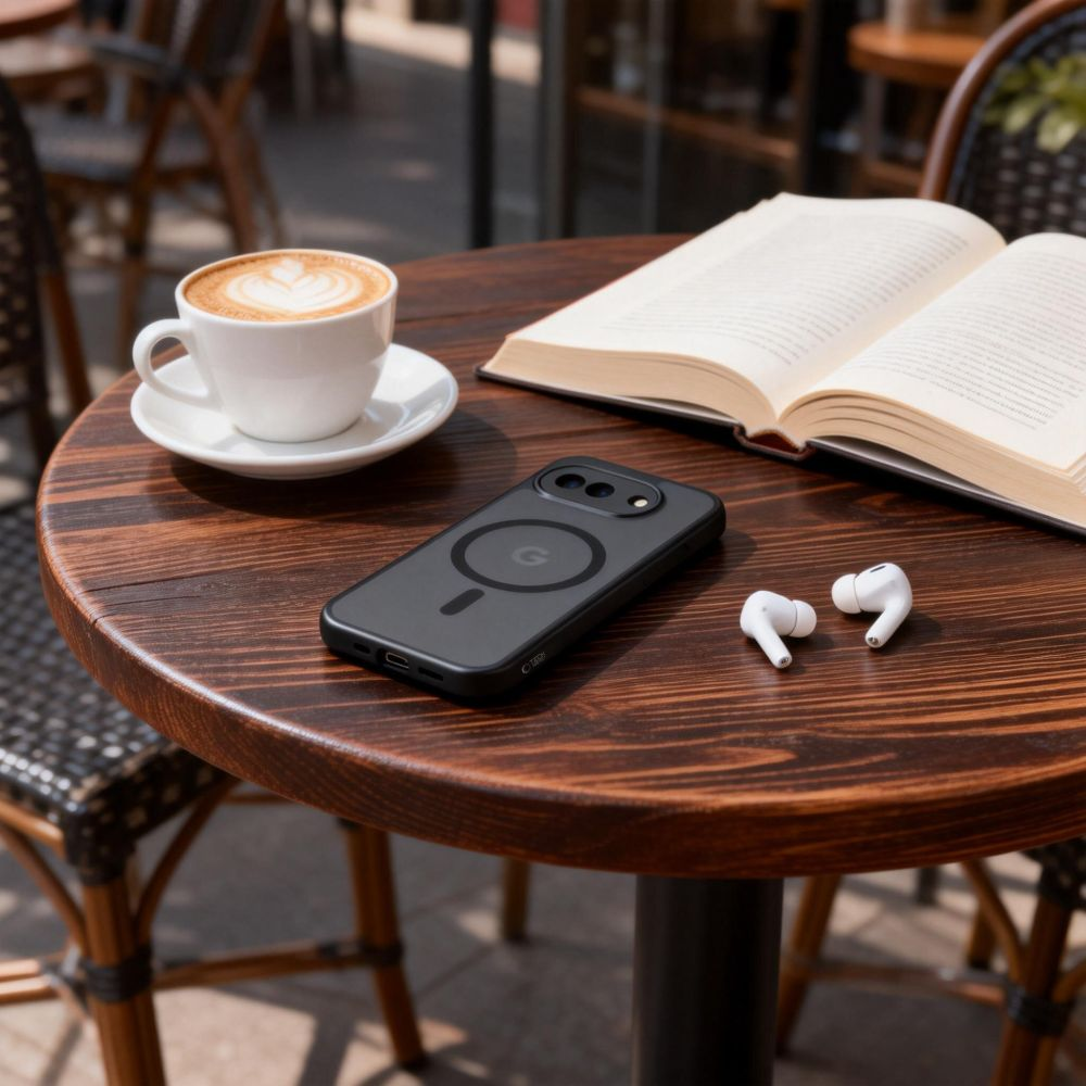 Ein runder Holztisch im Café mit einem Smartphone, einem offenen Buch, einer Tasse Cappuccino und weißen Ohrstöpseln.