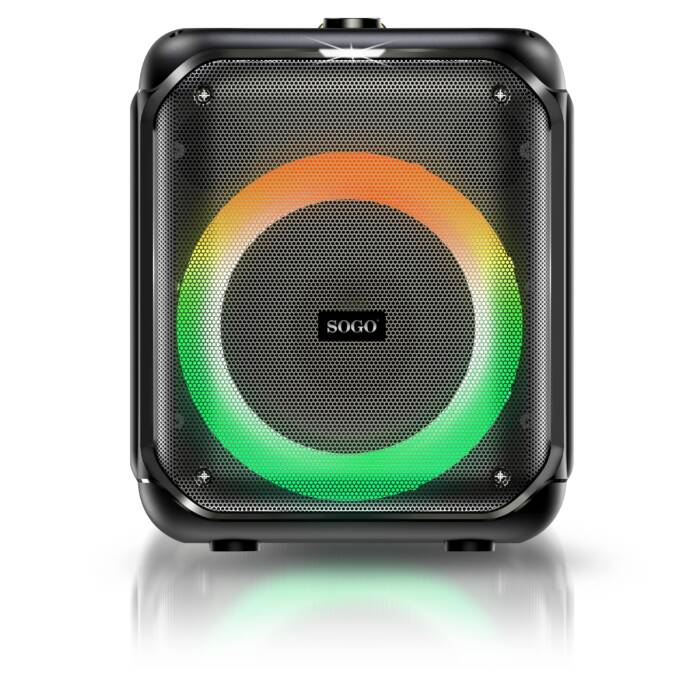 Un altoparlante per feste SOGO nero con un anello di luce LED circolare e colorato sul davanti.