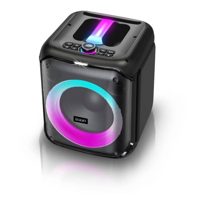 Un altoparlante Bluetooth SOGO nero con illuminazione LED multicolore rotonda sull'altoparlante anteriore e sulla maniglia.
