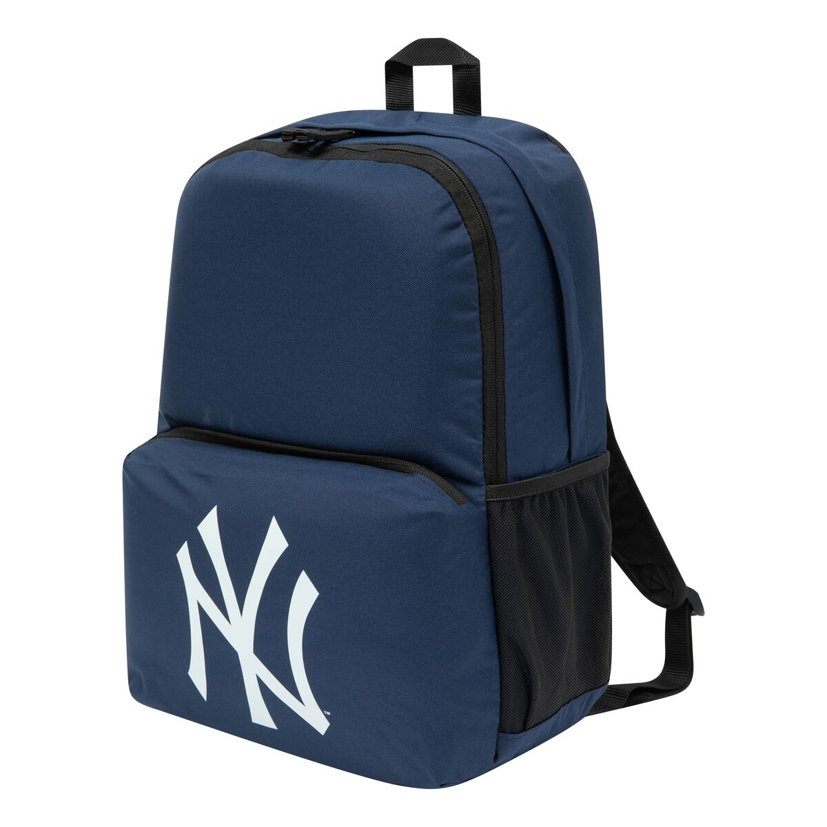 Dunkelblauer Rucksack mit New York Yankees Logo auf der Vordertasche und schwarzen Details.