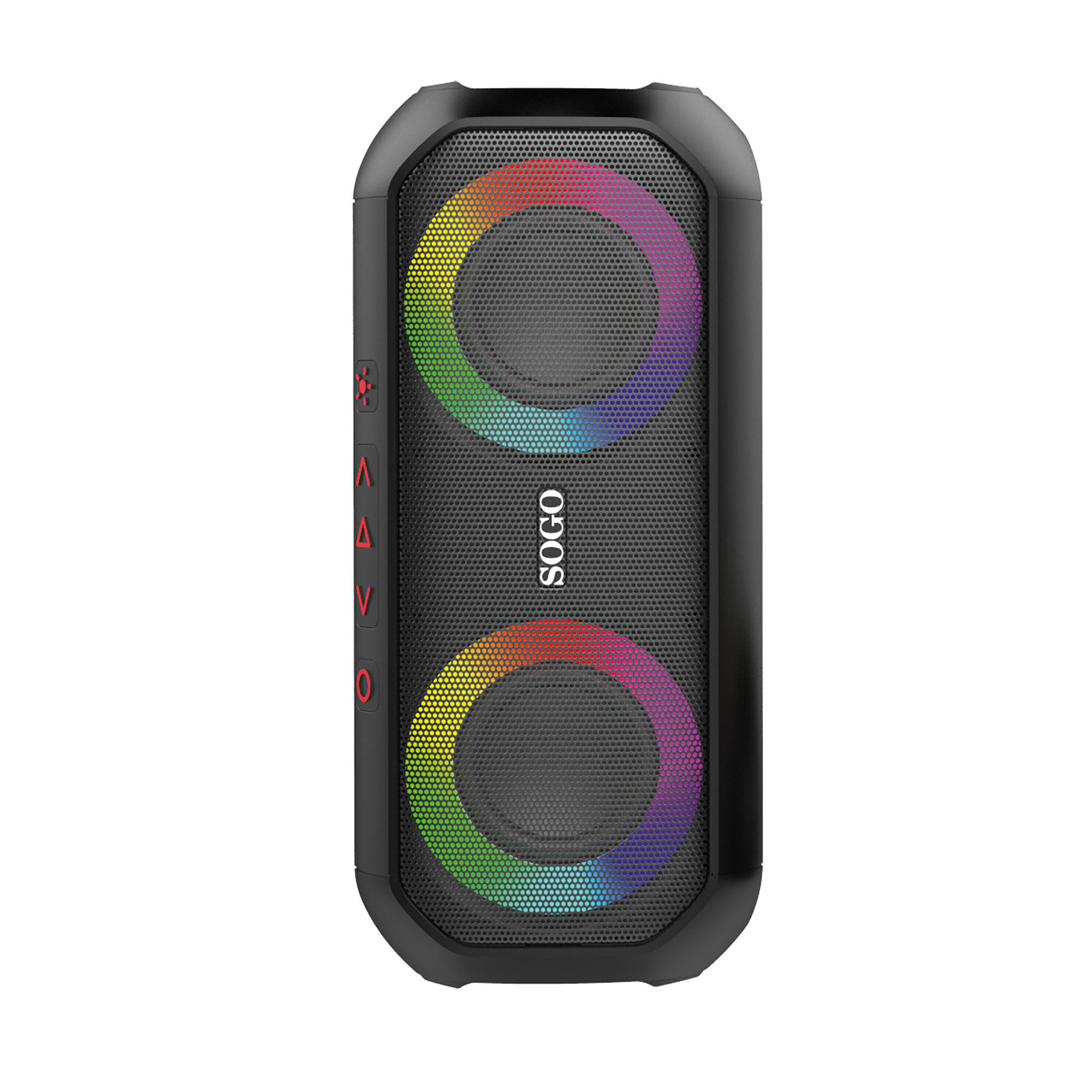 Un altoparlante bluetooth portatile nero con due driver circolari, anelli LED arcobaleno e logo SOGO.