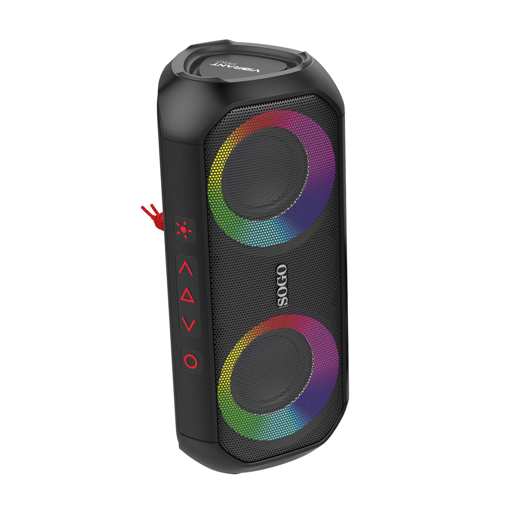 Un altoparlante Bluetooth portatile nero con anelli LED colorati circolari e pulsanti rossi.