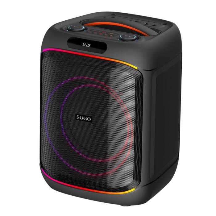 Un altoparlante Bluetooth portatile nero con luci LED circolari colorate e il logo SOGO sul davanti.