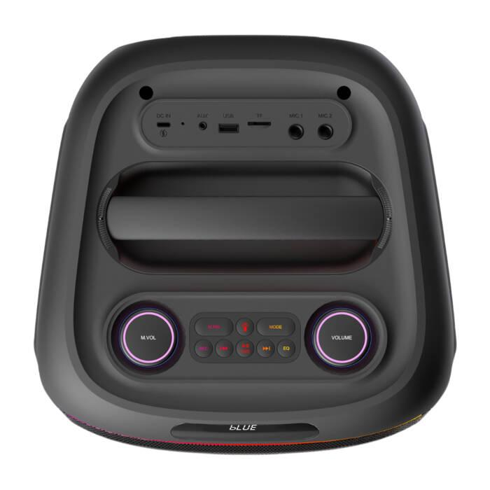 Pannello superiore di un altoparlante Bluetooth nero con manopole di controllo, porte e una maniglia.