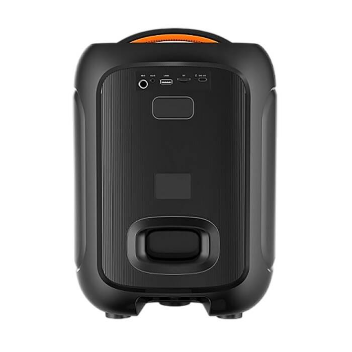 Altoparlante Bluetooth portatile nero con pannello di controllo superiore, maniglia e griglia anteriore su sfondo bianco.