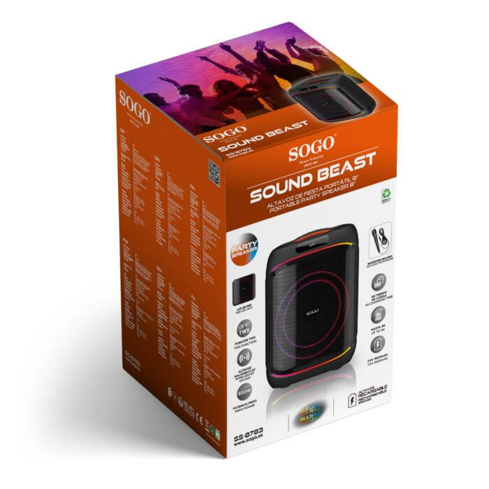 Scatola dell'altoparlante Sogo Sound Beast, con foto e specifiche su sfondo arancione e viola.
