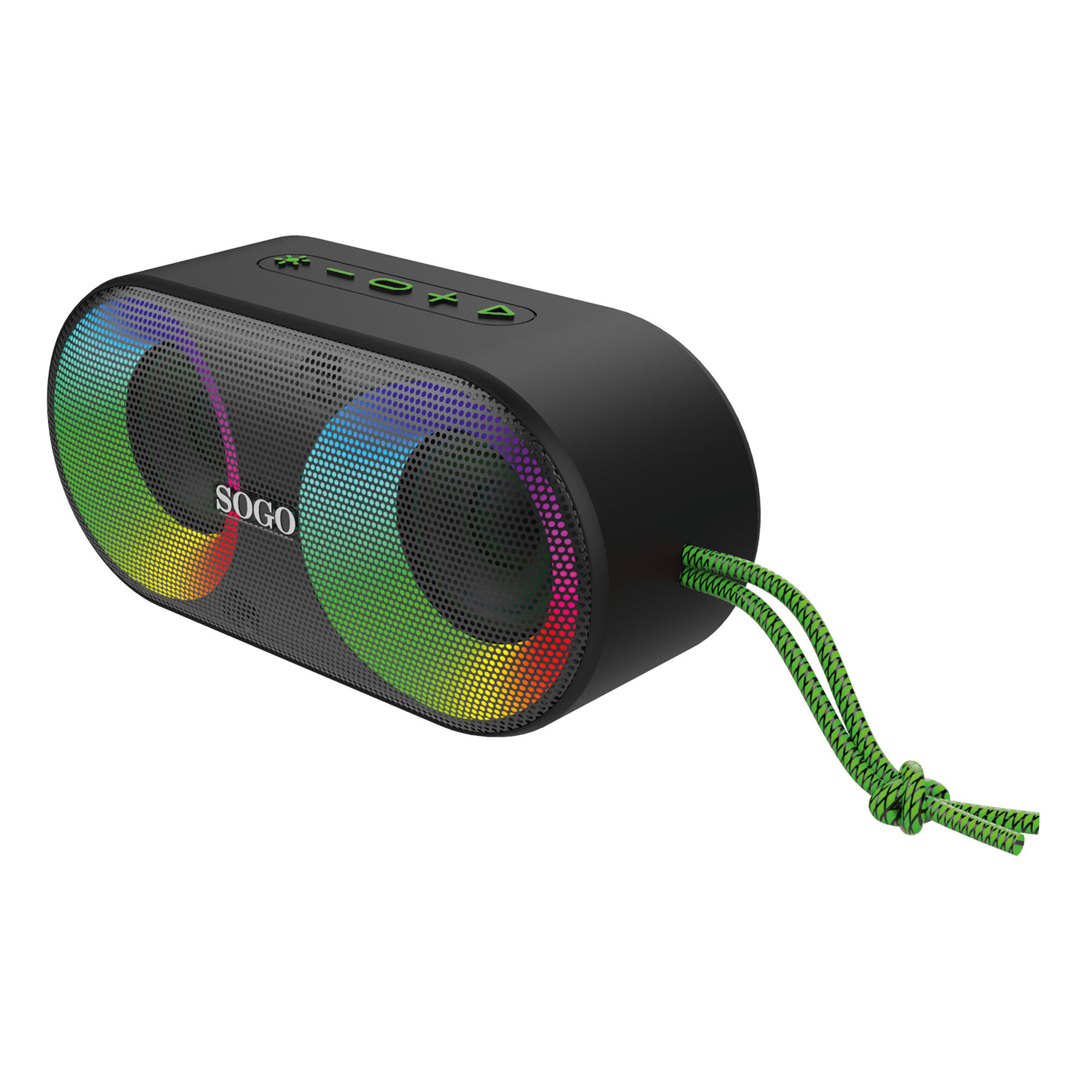 Un altoparlante Sogo nero con luci RGB colorate attorno ai doppi driver e un cordino verde.