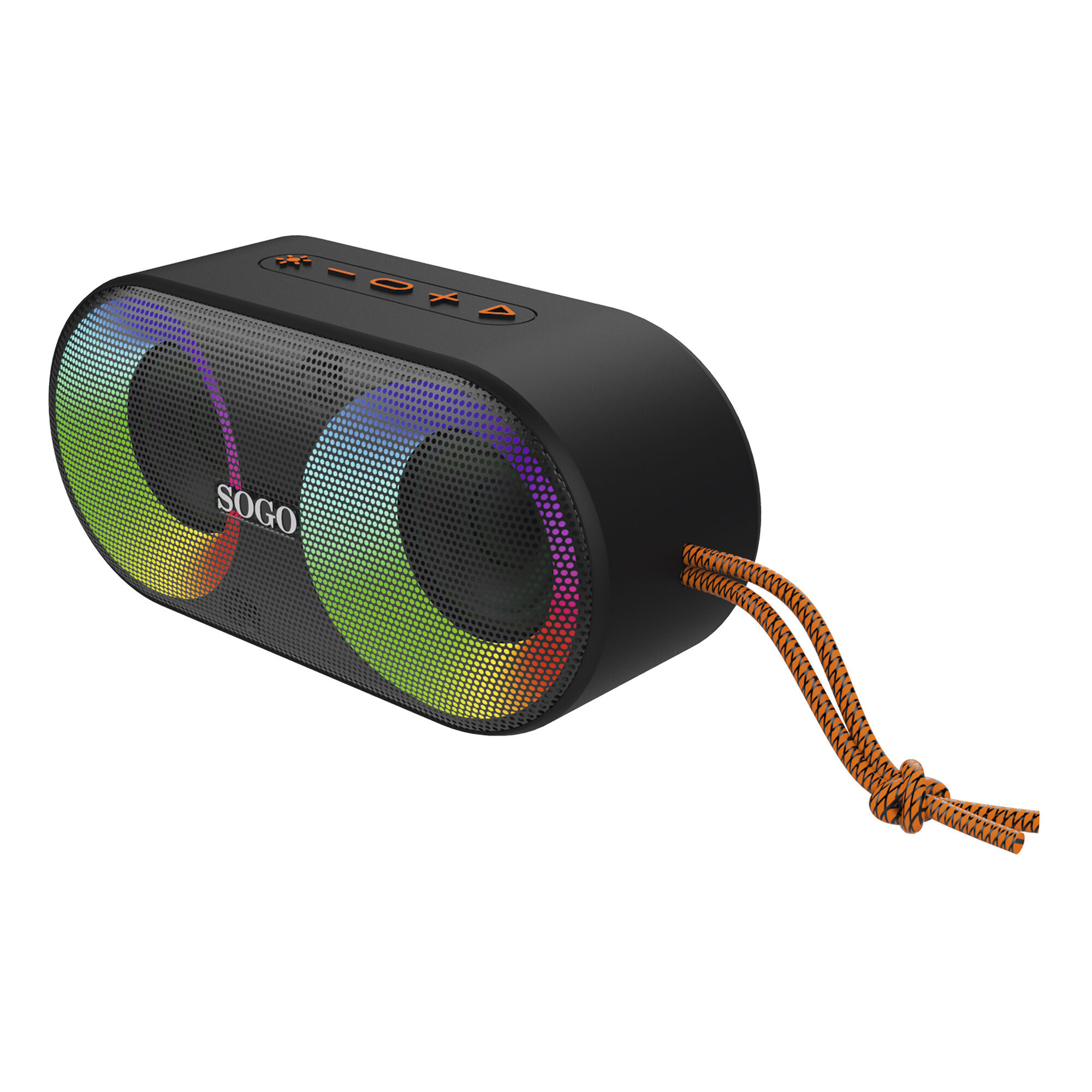 Altoparlante Bluetooth nero con LED arcobaleno, cordino arancione e pulsanti di controllo in alto.