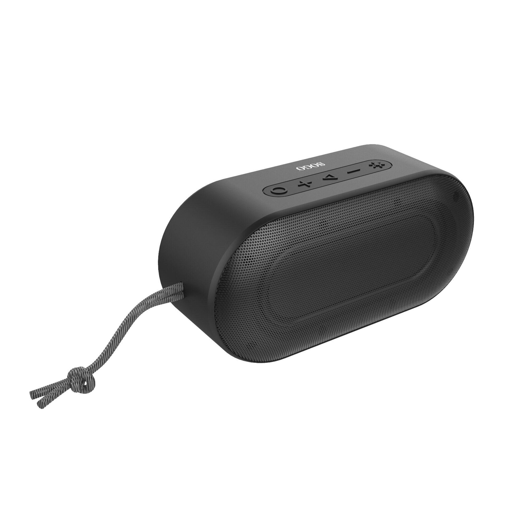 Un altoparlante Bluetooth portatile nero con griglia frontale, pulsanti di controllo superiori e cordino su sfondo bianco.