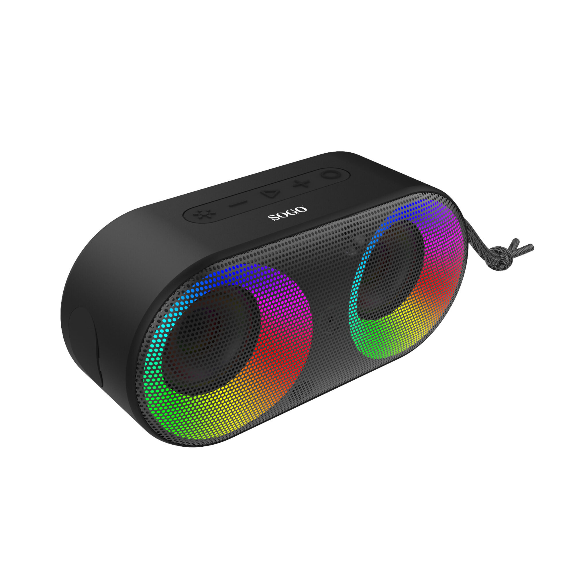 Altoparlante wireless nero con logo SOGO e illuminazione RGB colorata attorno ai doppi driver.