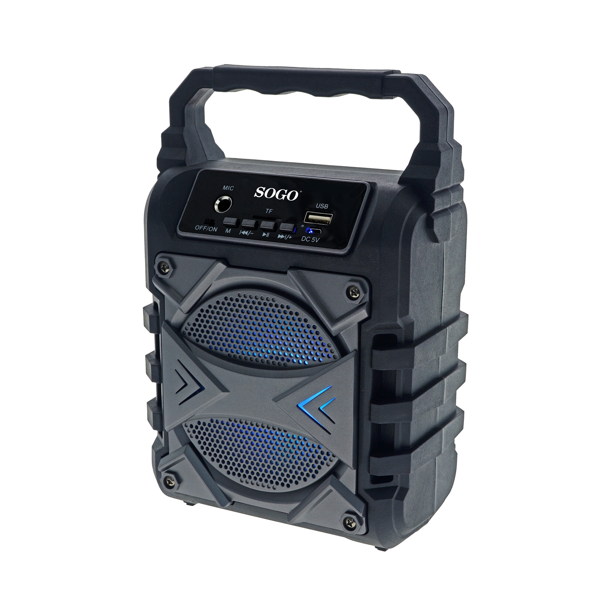 Altoparlante portatile SOGO nero con maniglia superiore, pannello di controllo e luci blu.