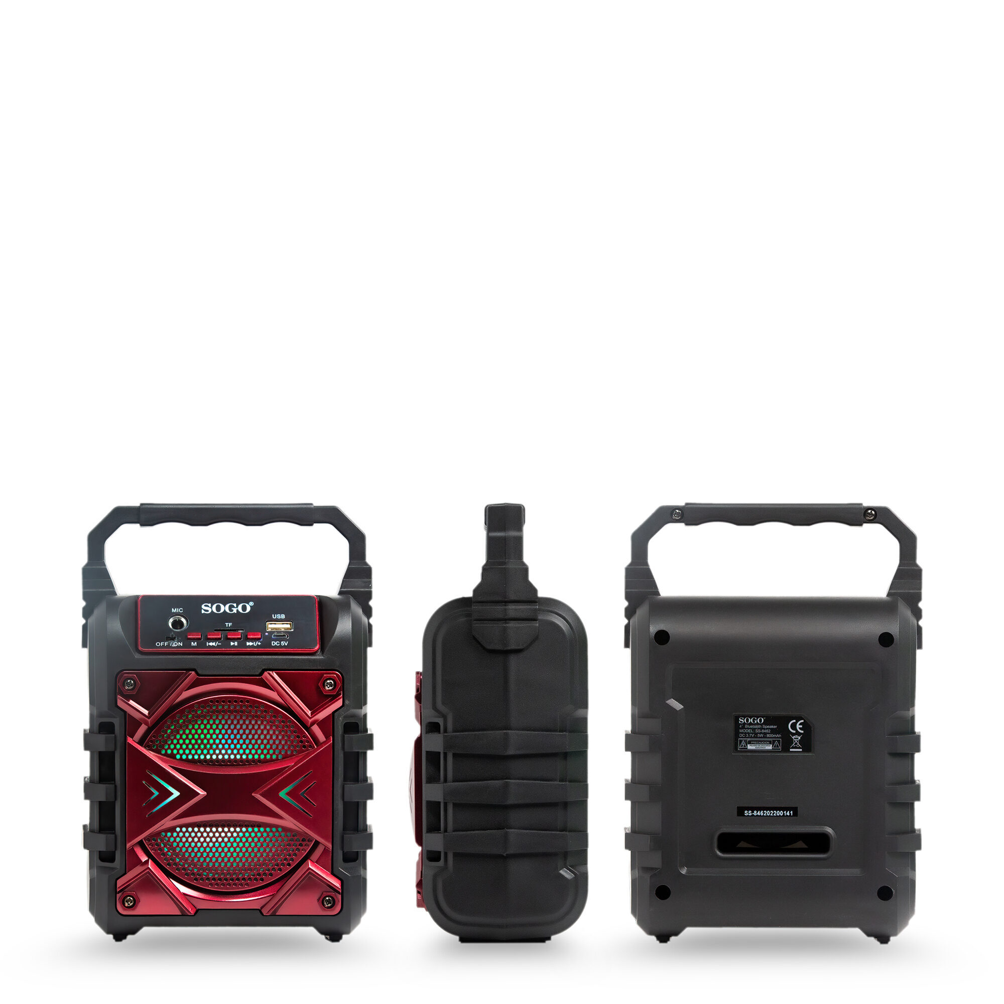 Vista frontale, laterale e posteriore di un altoparlante Bluetooth portatile SOGO nero e rosso con maniglia.