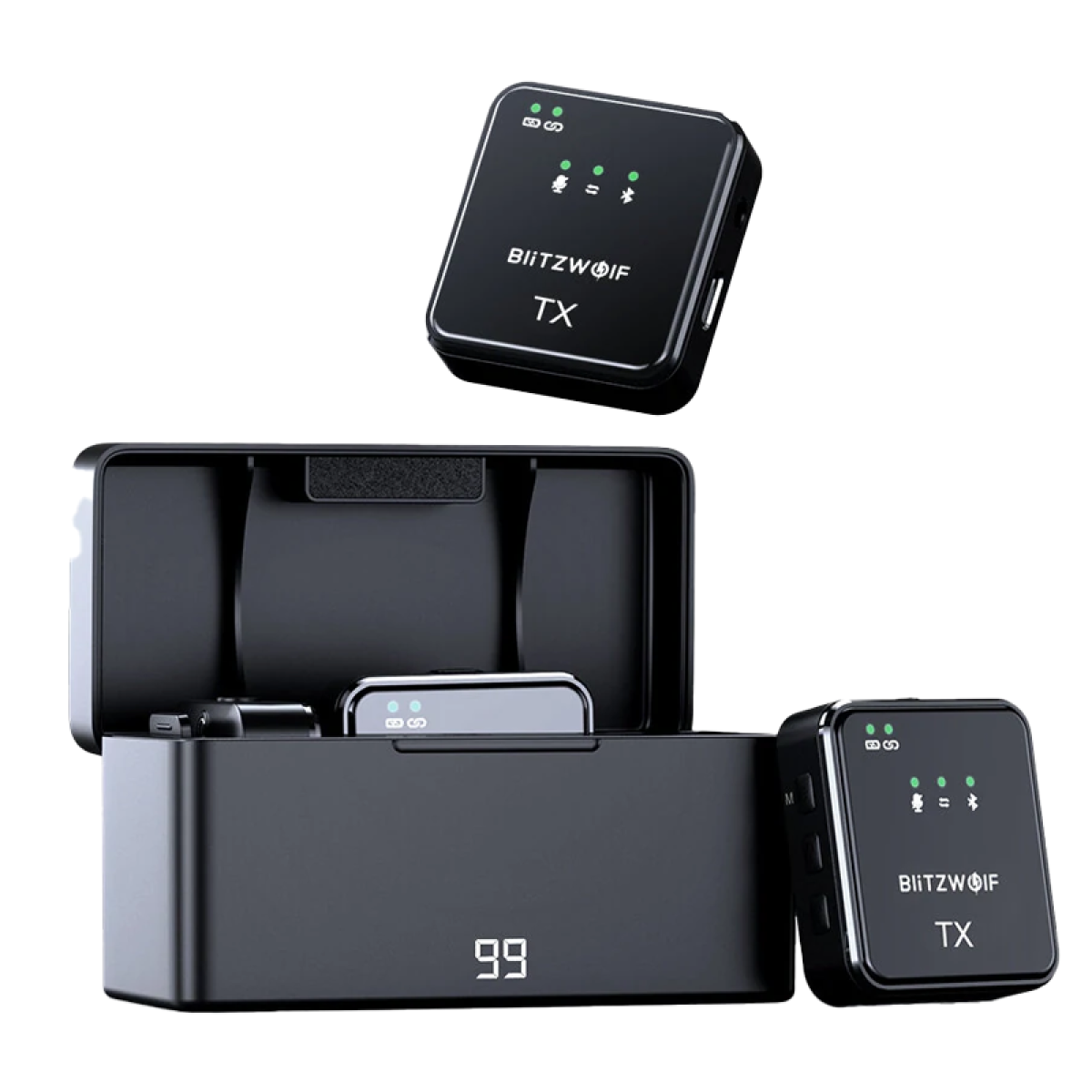 BlitzWolf TX Mikrofon-Set mit Ladecase und LED-Display.
