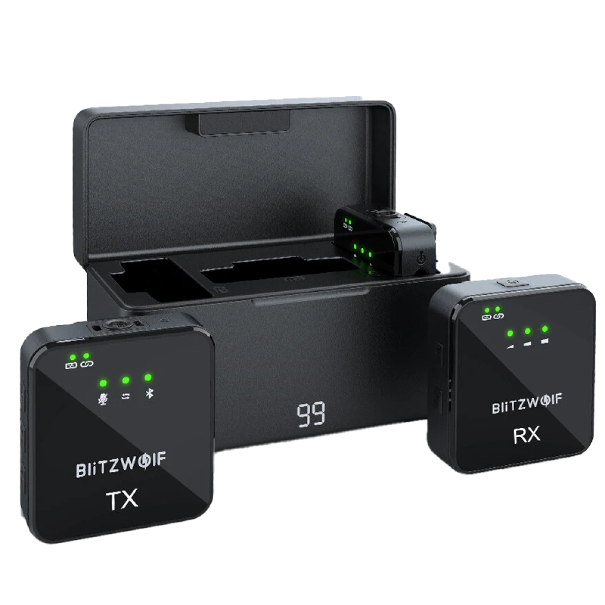 Schwarzes kabelloses Mikrofonsystem mit Ladebox, Sender TX und Empfänger RX mit grünen LEDs.
