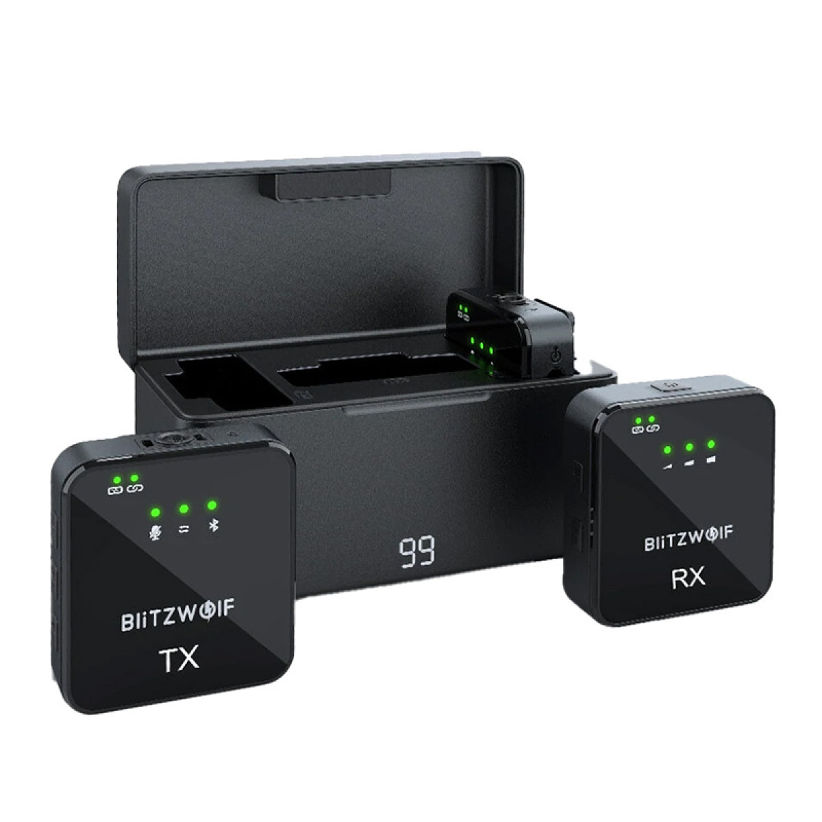 Schwarzes kabelloses Mikrofonsystem mit Ladebox, Sender TX und Empfänger RX mit grünen LEDs.