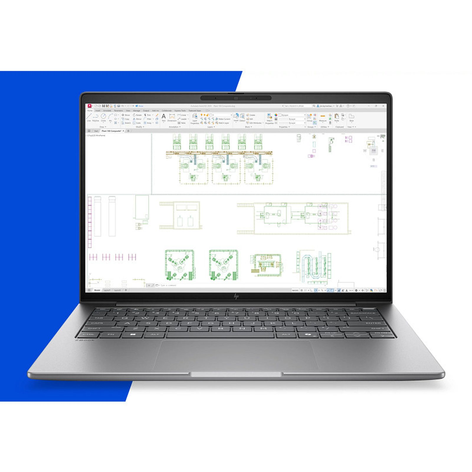 Ein silberner Laptop zeigt CAD-Zeichnungen in den App-Fenstern auf dem Bildschirm vor einem blauen und weißen Hintergrund.