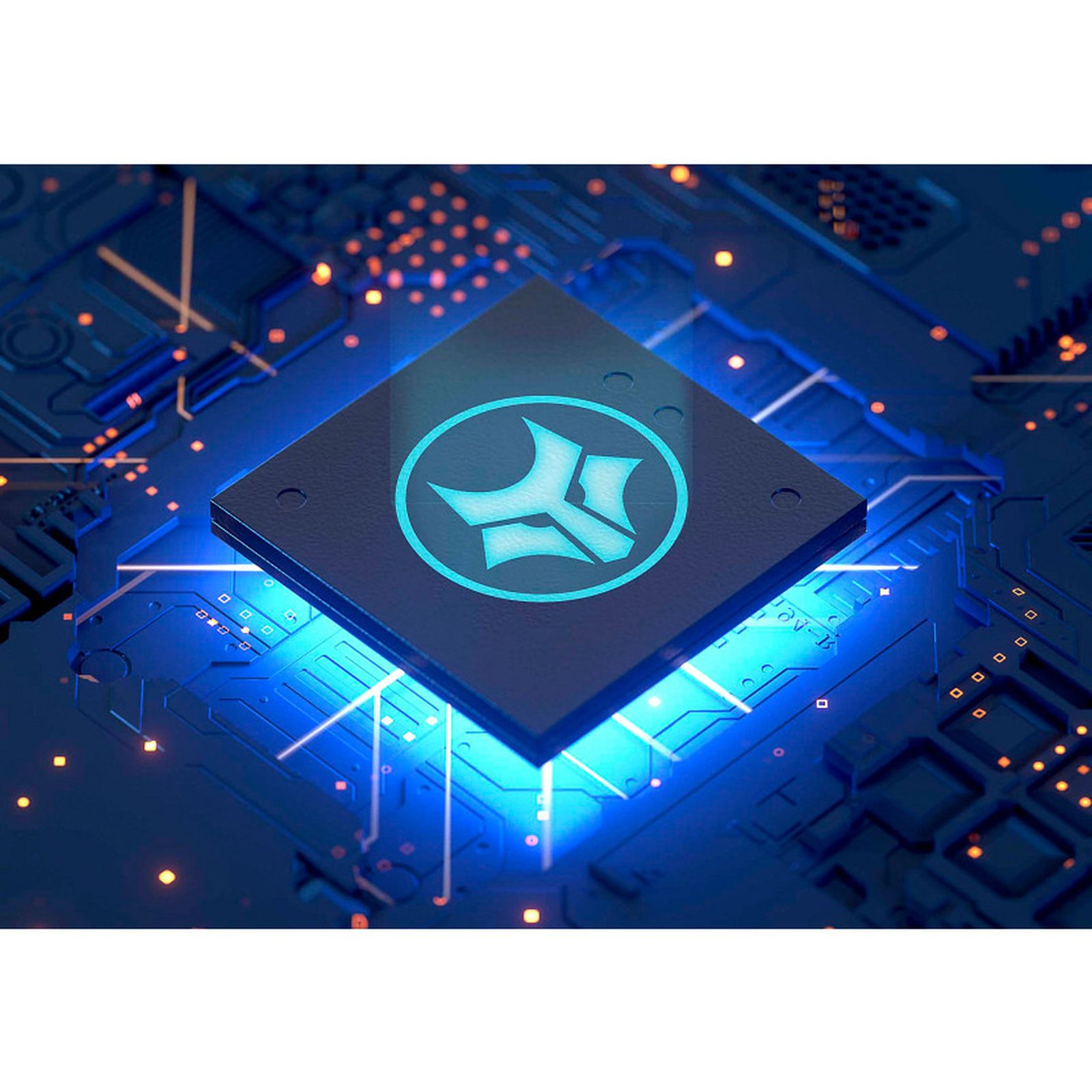 Ein blauer Mikroprozessor mit einem leuchtenden hellblauen Symbol liegt auf einer technologischen Leiterplatte.