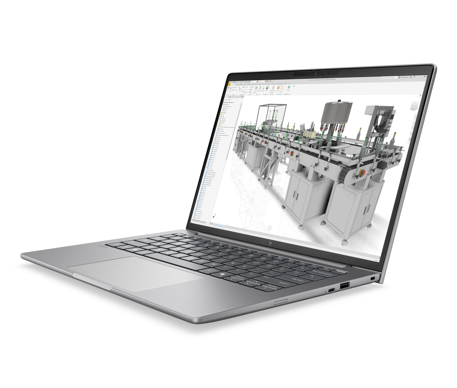 Ein grauer Laptop zeigt ein 3D-CAD-Modell einer Industrieanlage auf dem Bildschirm.