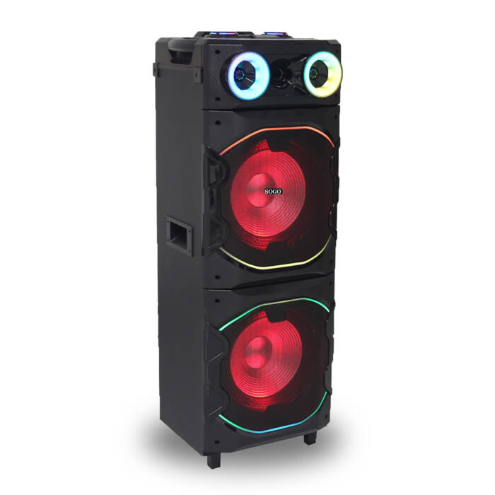 Un grande altoparlante a torre nero con due tweeter illuminati e due grandi subwoofer rossi.