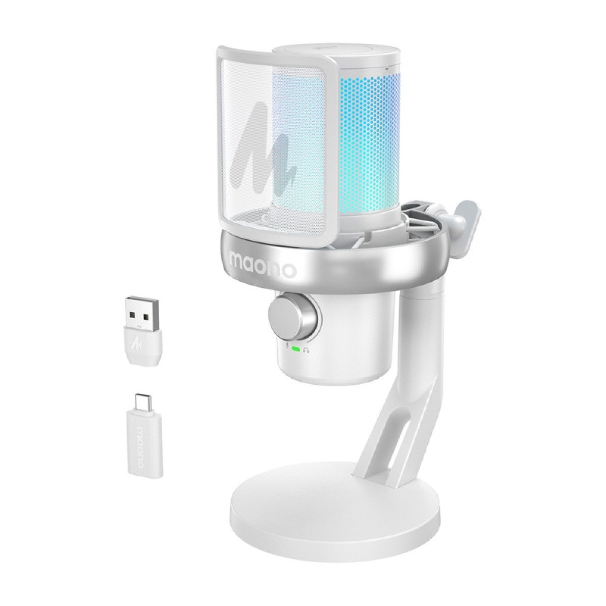 Ein weißes Maono USB-Mikrofon mit RGB-Beleuchtung, Pop-Schutz und Adaptern auf weißem Hintergrund.