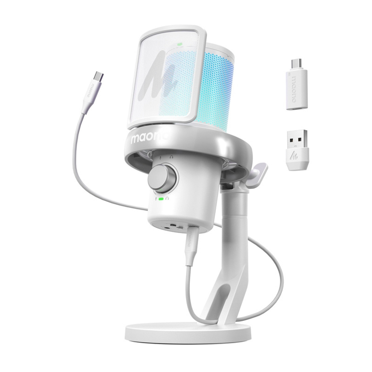 Ein weißes USB-Mikrofon mit RGB-Beleuchtung, Pop-Filter, Ständer und zwei Steckadaptern vor weißem Hintergrund.