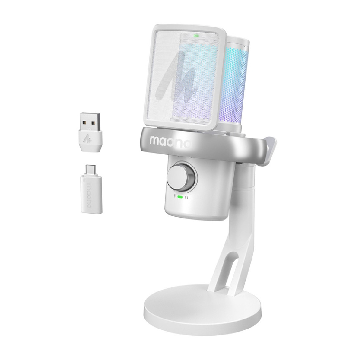 Ein weißes Maono-Mikrofon mit Pop-Schutz, Ständer und zwei USB-Adaptern vor weißem Hintergrund.