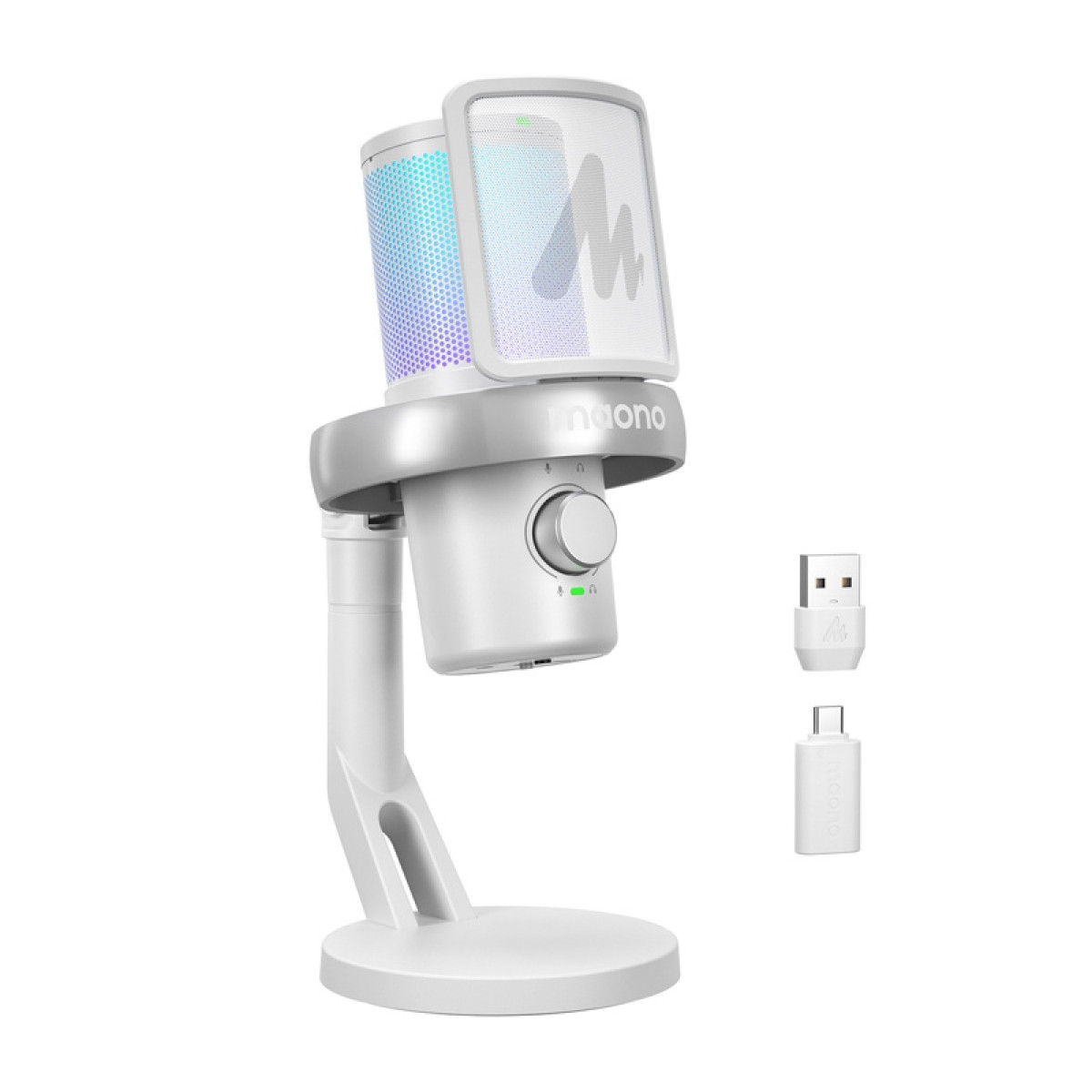 Ein weißes Maono USB-Mikrofon mit RGB-Beleuchtung, Pop-Filter, Ständer und Adaptern auf weißem Hintergrund.