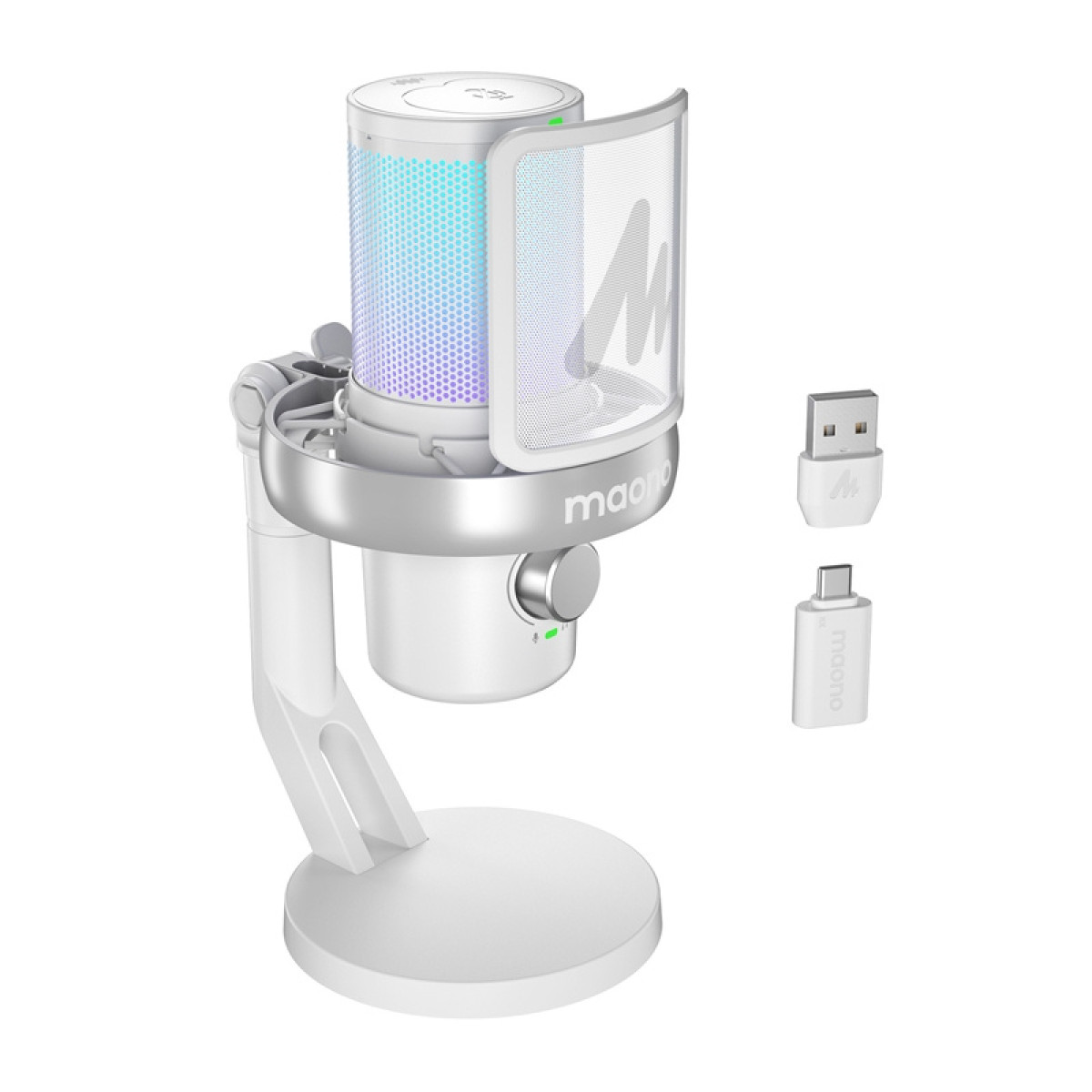 Weißes USB-Mikrofon mit RGB-Beleuchtung, Pop-Schutz, Ständer und zwei Adaptern.