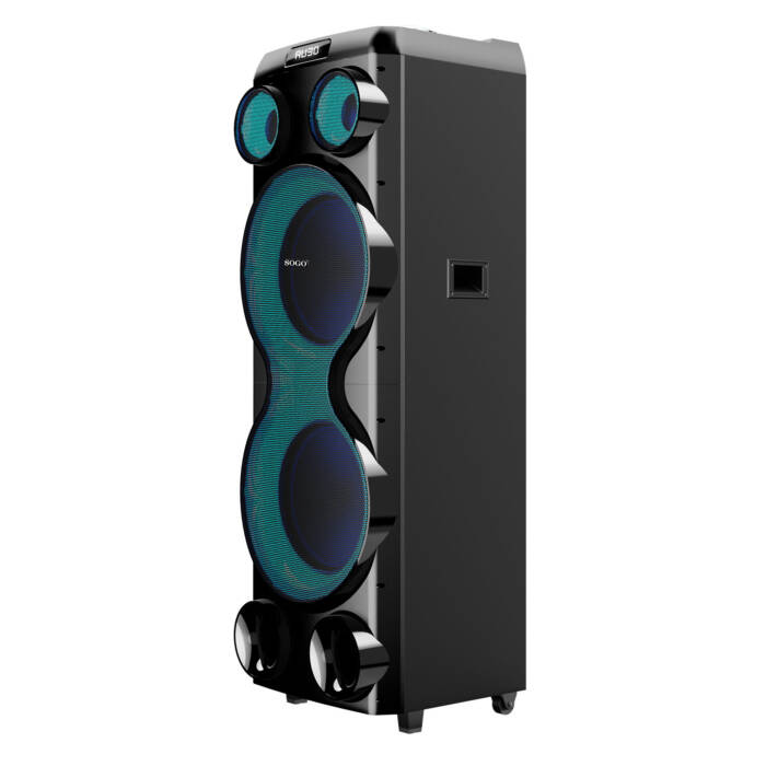 Un grande altoparlante nero per feste con coni luminosi blu e ruote su sfondo bianco.