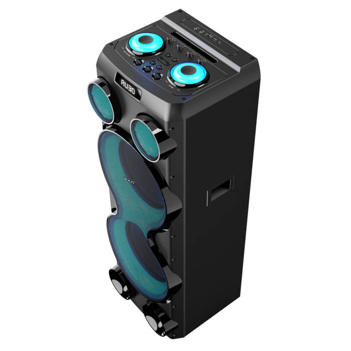 Un altoparlante per feste nero alto con luci blu luminose attorno ai driver e al pannello di controllo superiore.