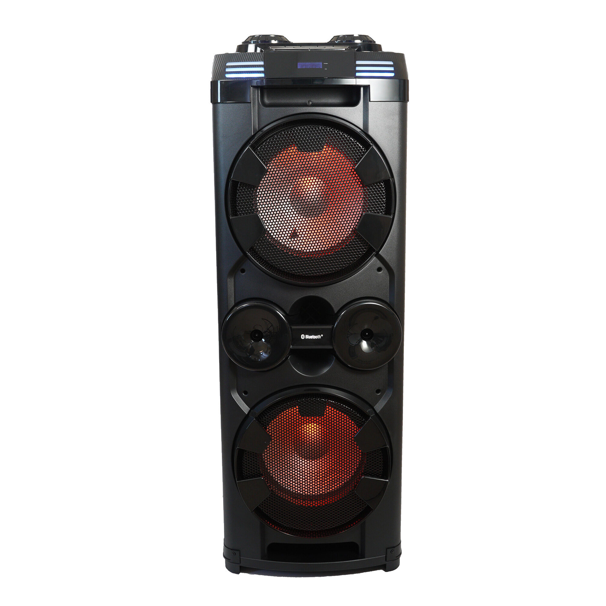 Altoparlante a torre nero con due grandi woofer rossi luminosi, due altoparlanti più piccoli e luci blu in alto su sfondo bianco.