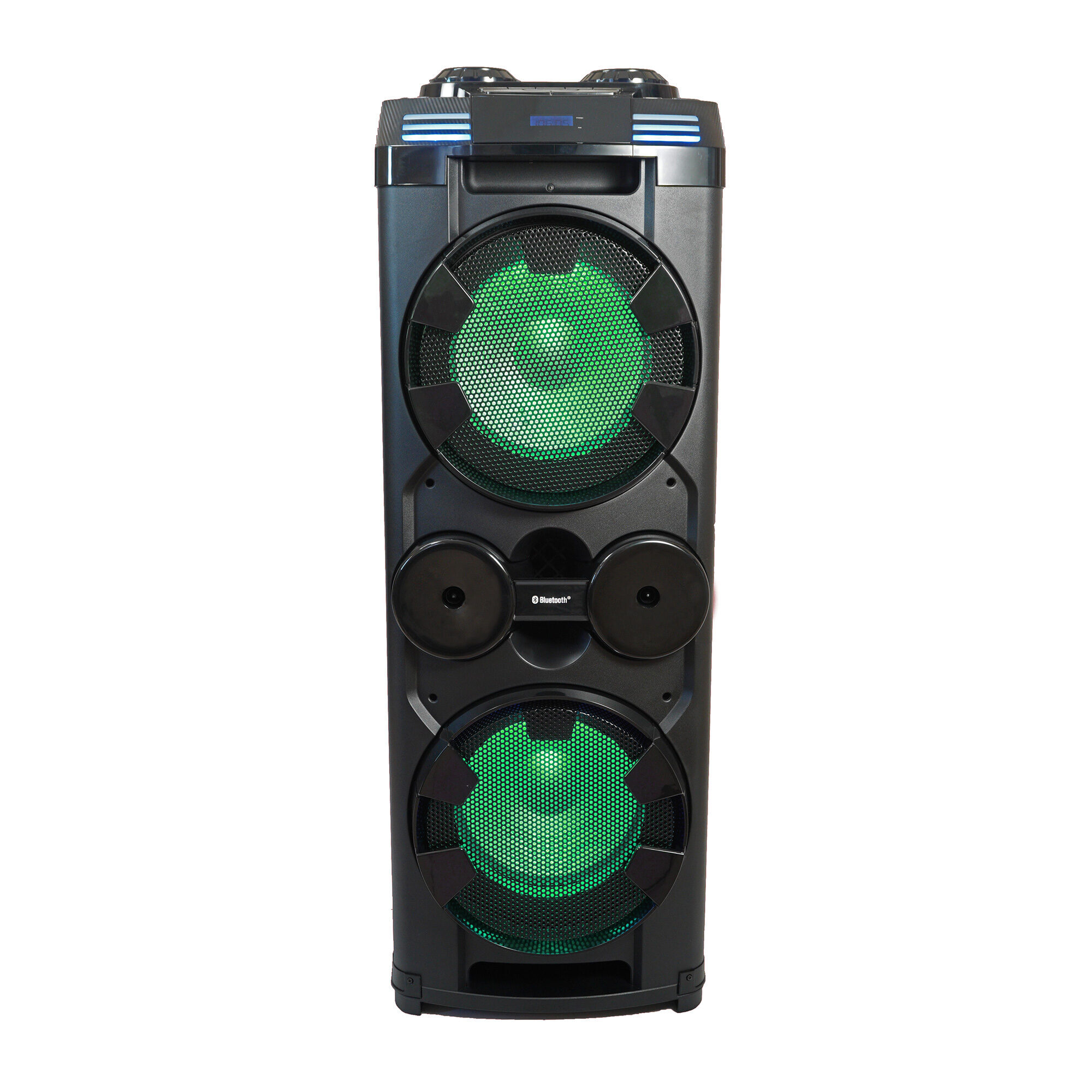 Una grande torre di altoparlanti Bluetooth nera con luci verdi luminose sui woofer superiore e inferiore.