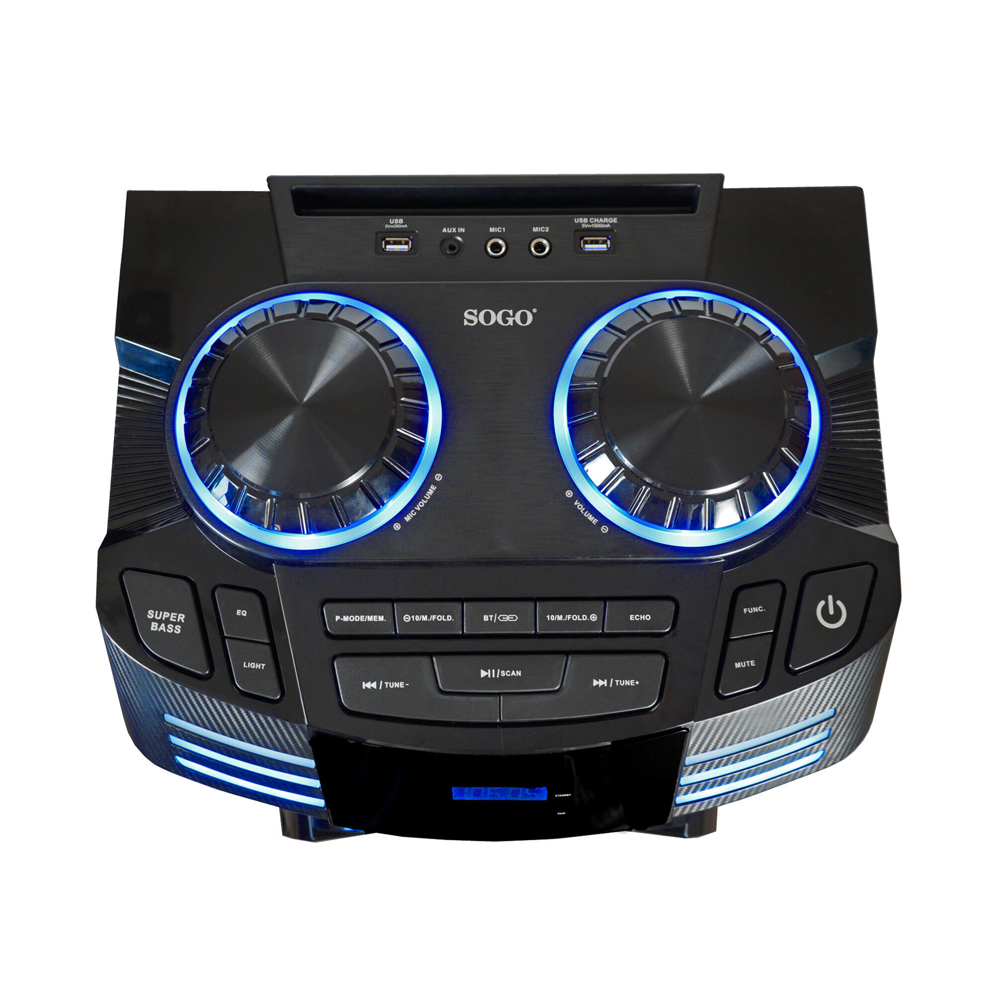 Lettore audio SOGO nero con due grandi manopole retroilluminate in blu, pulsanti e porte.