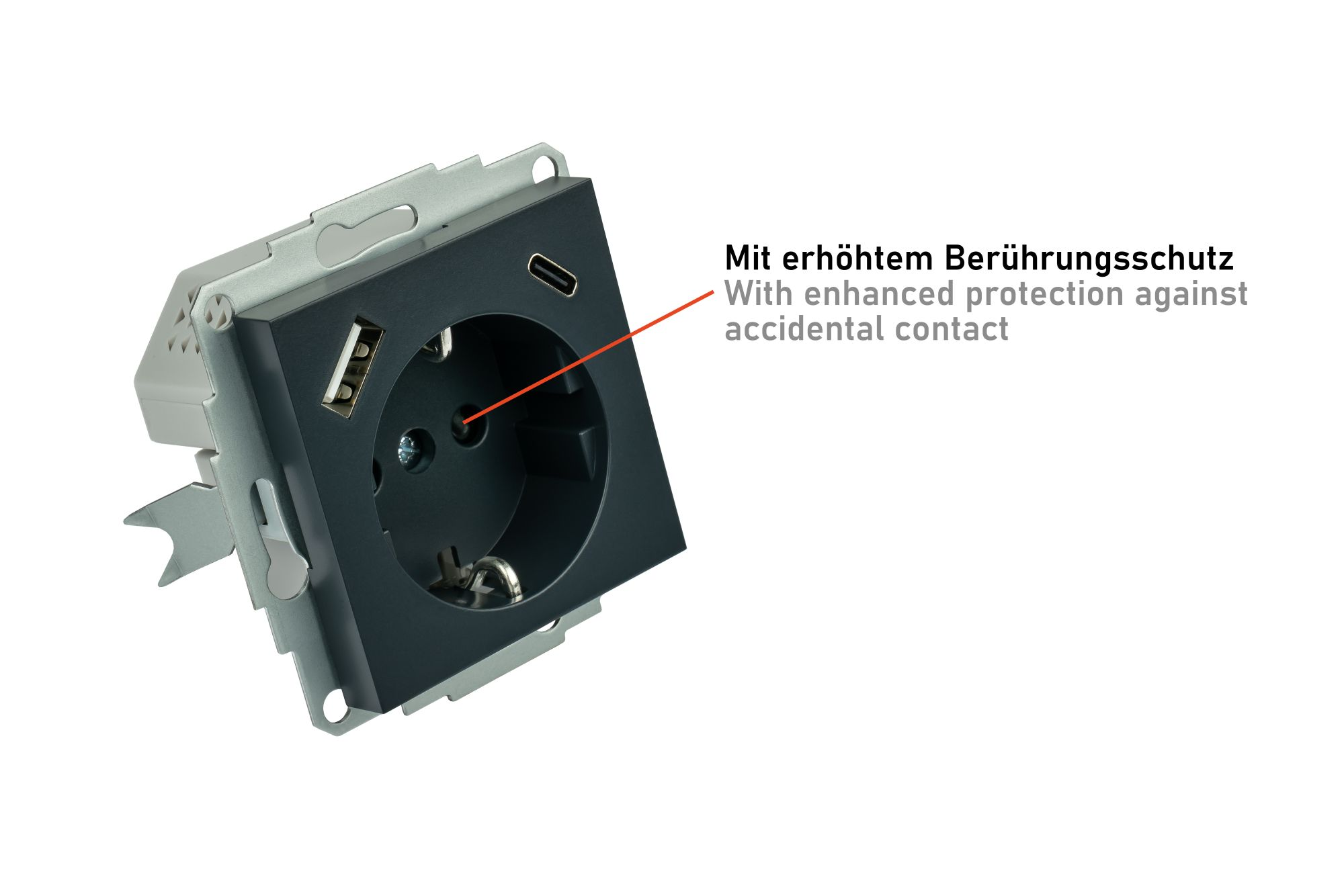 Schwarze Steckdose mit USB-A- und USB-C-Anschlüssen sowie erhöhtem Berührungsschutz.