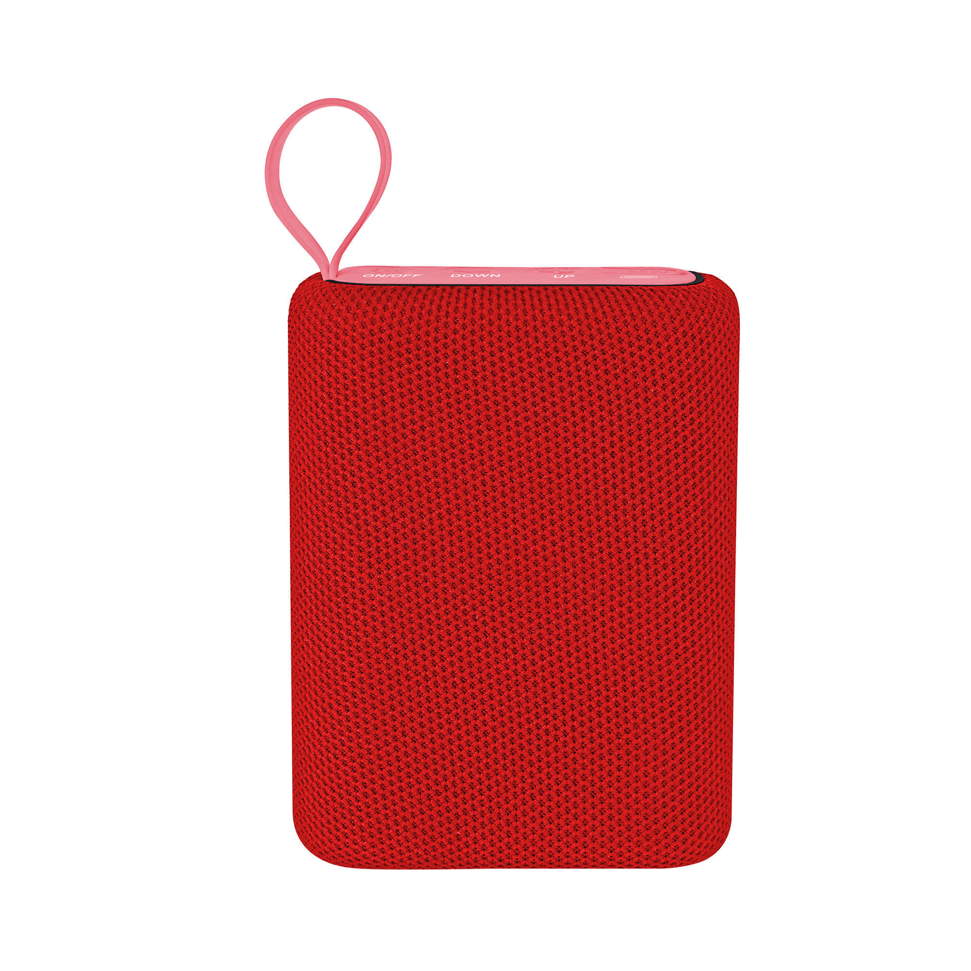 Altoparlante bluetooth portatile rosso con cinturino da polso rosa su sfondo bianco.