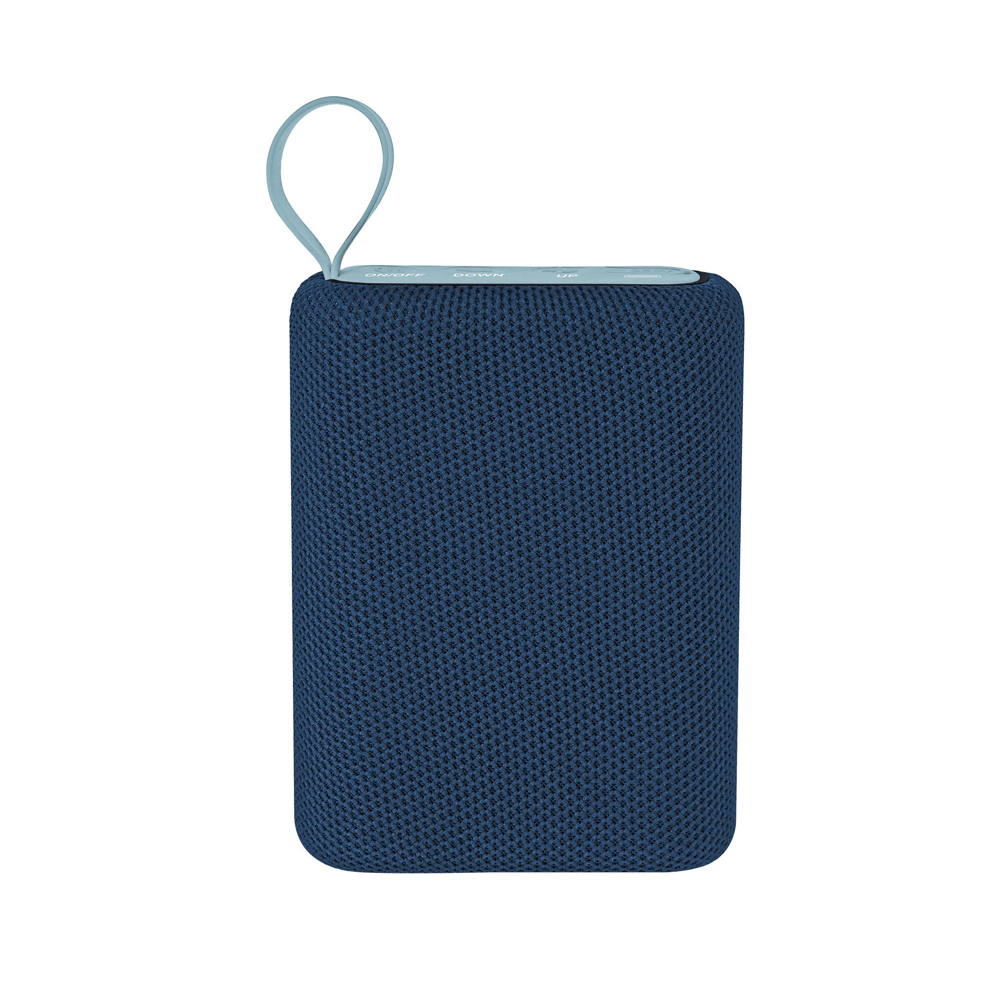 Un altoparlante Bluetooth blu scuro rettangolare con cinturino su sfondo bianco.