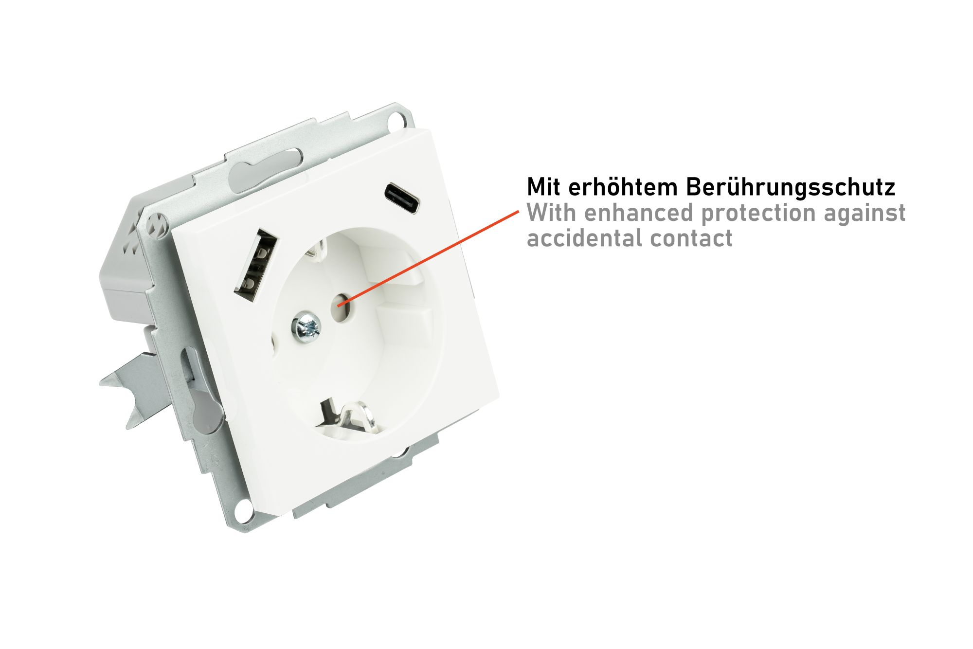 Weiße Steckdose mit USB-Anschlüssen und erhöhtem Berührungsschutz.