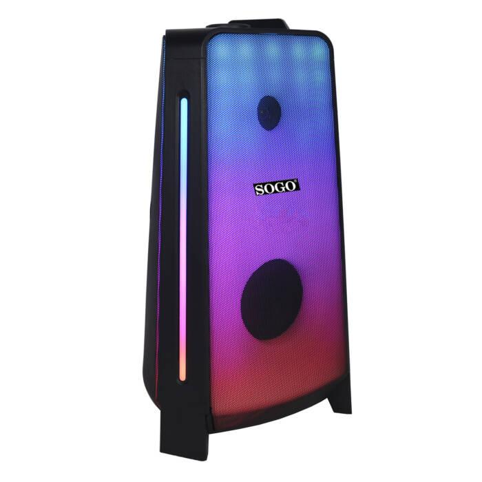 Un altoparlante per feste SOGO nero con illuminazione LED blu, viola e rossa sul pannello frontale.