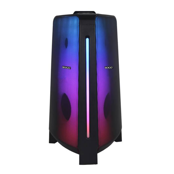 Un altoparlante Bluetooth SOGO nero con illuminazione LED blu e rossa, su sfondo bianco.
