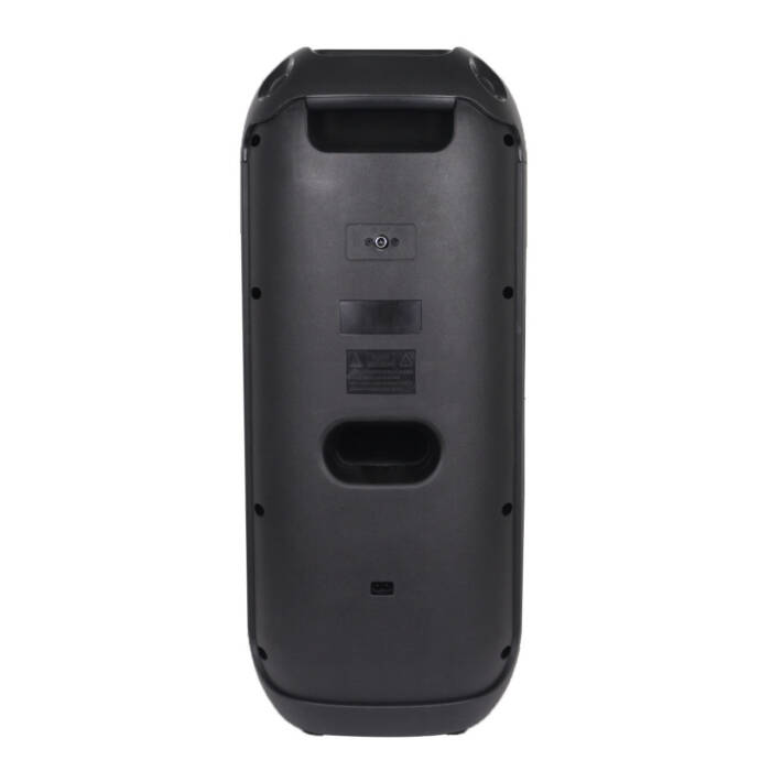 Vista posteriore di un altoparlante wireless nero alto con maniglia e varie porte su sfondo bianco.