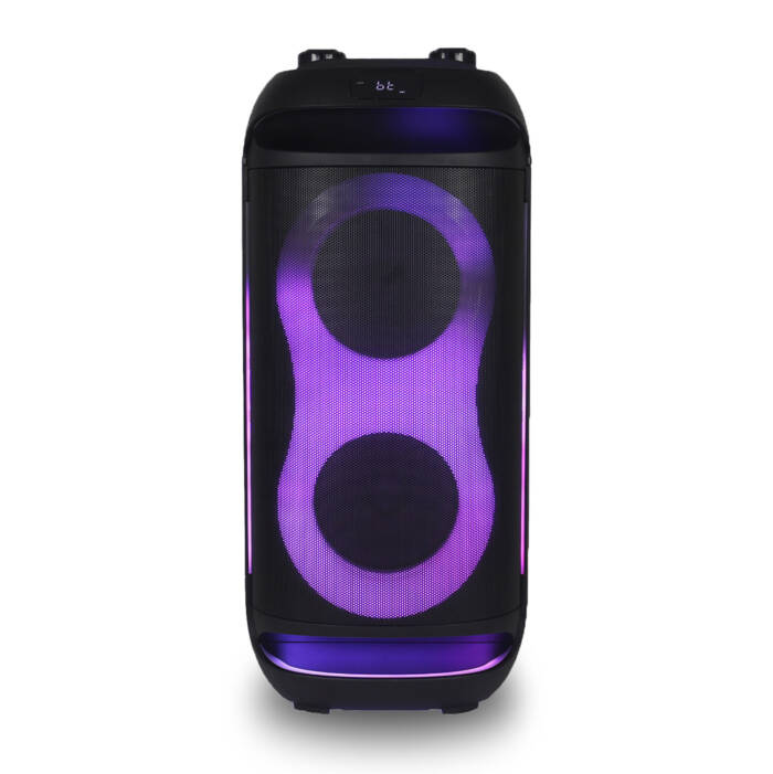 Altoparlante per feste Bluetooth nero con luci LED viola rotonde su sfondo bianco.