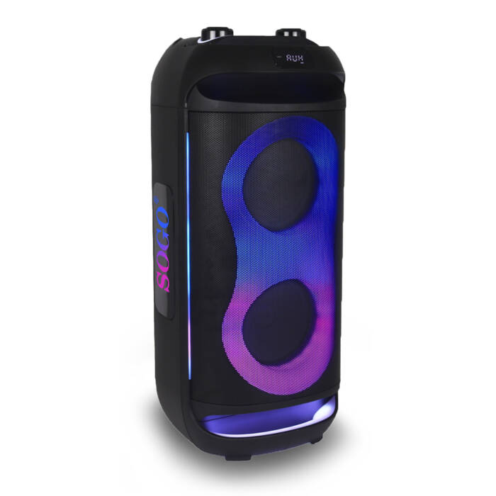 Un altoparlante per feste nero con illuminazione blu e rosa e il logo Sogo.