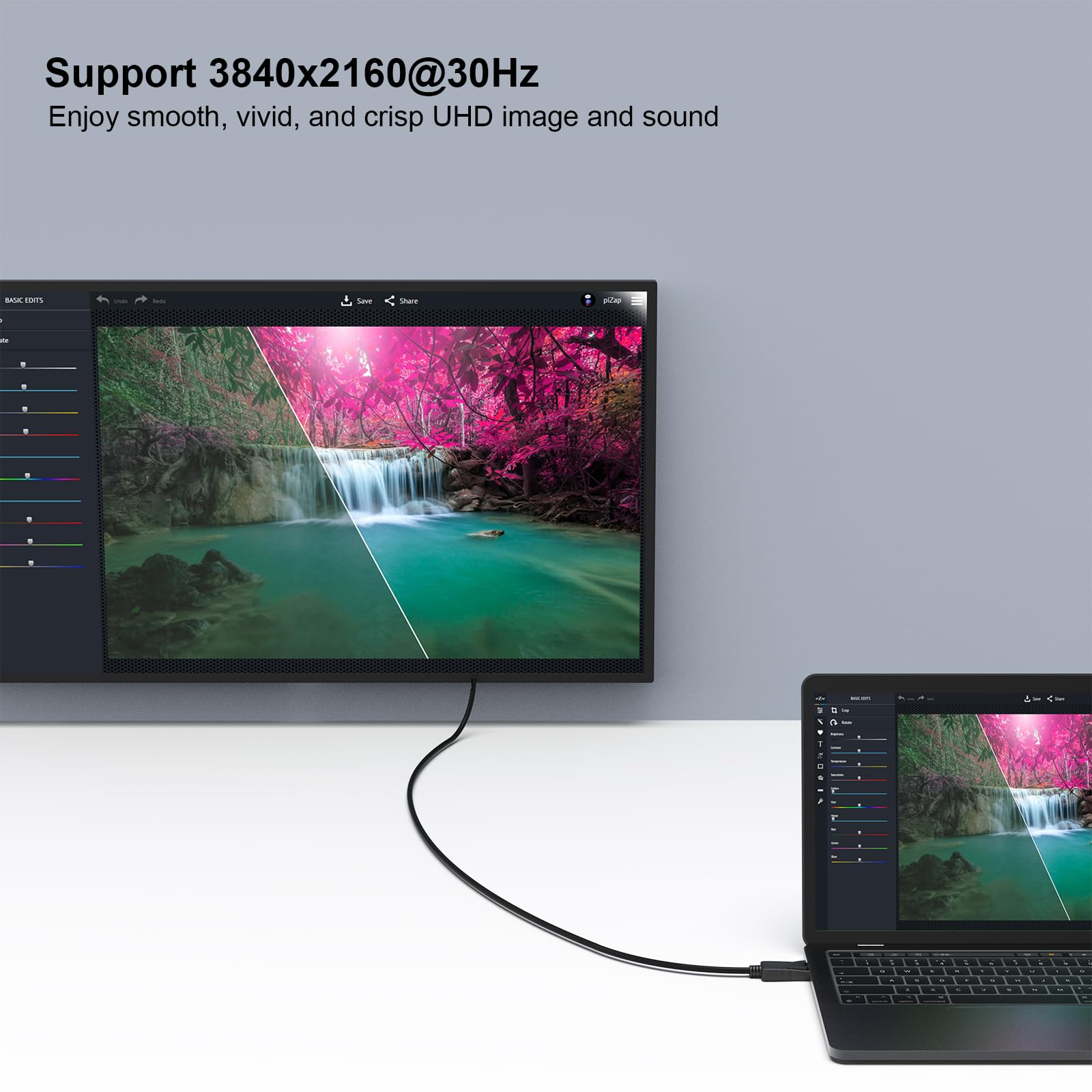 Ein Laptop verbunden mit einem Monitor, der einen Wasserfall zeigt, mit Text über 4K-Unterstützung.