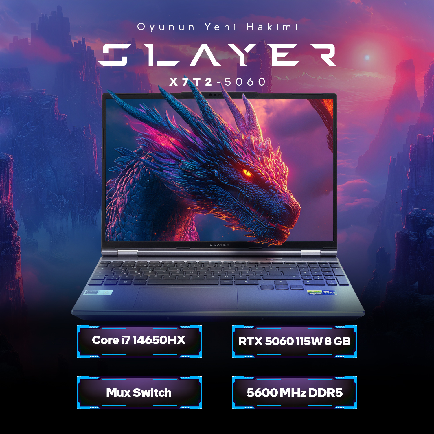 Ejderha duvar kağıtlı, Core i7 ve RTX 5060 özellikli oyuncu laptopu, fantastik dağ arka planında.